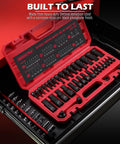 Open case of impact socket set with 36 piece hex bit kit for quarter inch, three eighths inch and half inch drives in red storage case.