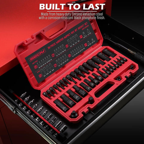Open case of impact socket set with 36 piece hex bit kit for quarter inch, three eighths inch and half inch drives in red storage case.