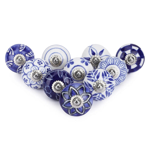 Top Shelf 10 Pack Ceramic Cabinet Knobs With Blue And White Printed Antique Patterns Sweet Glossy Finish, assorted designs.