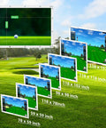 Seven sizes of Thicker Golf Impact Screen With Probe And Snap Hooks And Grommet Holes For Indoor Outdoor Training displayed on a golf course