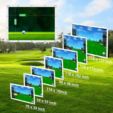 Seven sizes of Thicker Golf Impact Screen With Probe And Snap Hooks And Grommet Holes For Indoor Outdoor Training displayed on a golf course