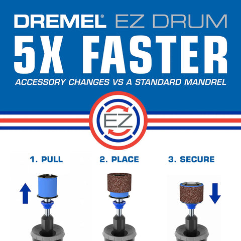 Steps showing accessory changes using EZ Drum in 70-Piece Do-It-All Rotary Tool Accessory Set With Storage Kit Featuring EZ Lock And EZ Drum.