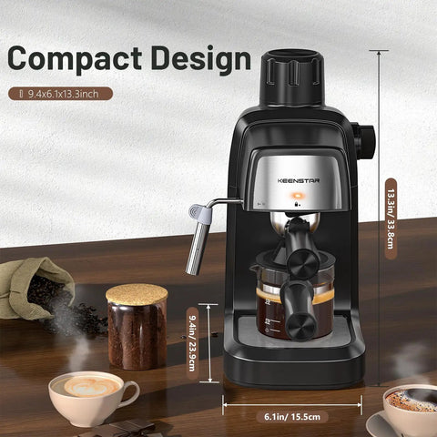 Level Up Your Brew Game With This Compact 3.5 Bar Espresso Machine 800W Pump Hot Iced Coffee Maker Featuring Zero Drama Switch Controls For Perfect Shots Always, showing compact black espresso machine dimensions on a wooden table.