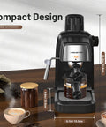 Compact 3.5 Bar Espresso Machine With Integrated Milk Frother And 800W Preheat Function, 4 Cup Home Coffee Maker placed on a countertop.