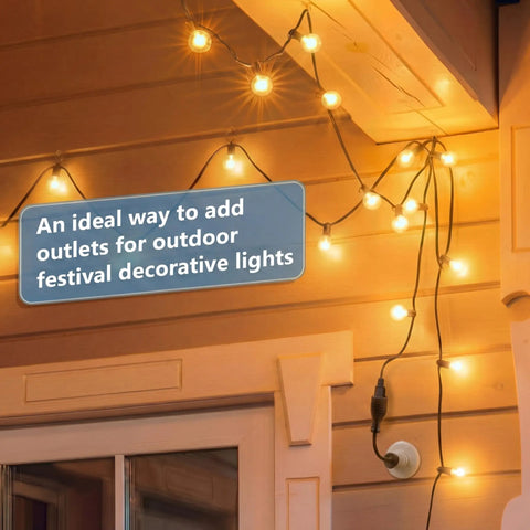 Outdoor string lights using 3 Outlet Light Socket Adapter For E26 E27 Bulbs To Extend Power Outdoors on wooden patio ceiling.