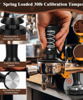 Grab This Legit 10 Piece Espresso Accessories Kit To Level Up Your Morning Routine Featuring A Sleek 51mm Tamping Station And Solid Milk Frothing Pitcher For Serious Coffee Crews Everywhere - Close-up of spring-loaded 30lb tamper with ergonomic handle.