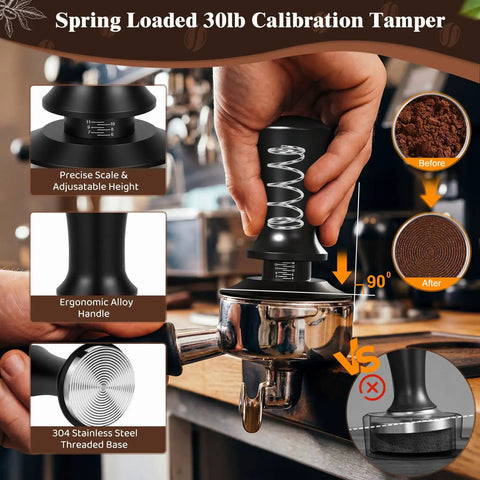 Grab This Legit 10 Piece Espresso Accessories Kit To Level Up Your Morning Routine Featuring A Sleek 51mm Tamping Station And Solid Milk Frothing Pitcher For Serious Coffee Crews Everywhere - Close-up of spring-loaded 30lb tamper with ergonomic handle.