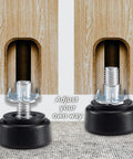 Sixteen Piece Set M6 Thread Adjustable Furniture Levelers with Swivel Screw in Threads, example on wood and carpet