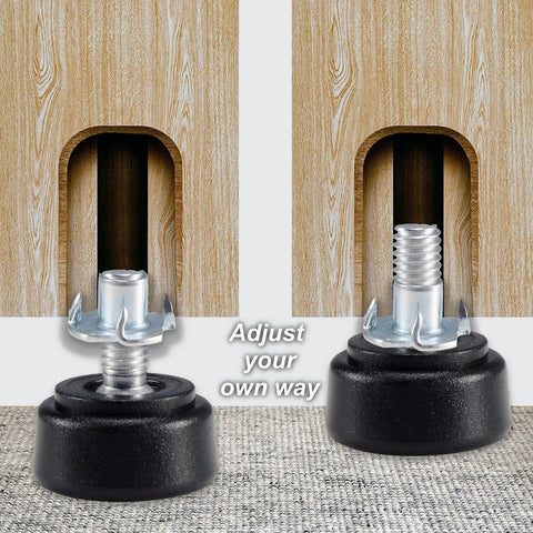 Sixteen Piece Set M6 Thread Adjustable Furniture Levelers with Swivel Screw in Threads, example on wood and carpet