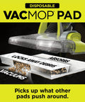 VACMOP Disposable Hard Floor Pad Refills For Sealed Floors, showing vacuum function and debris lock in dirt chamber cross-section.