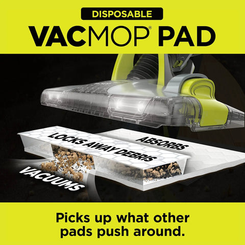 VACMOP Disposable Hard Floor Pad Refills For Sealed Floors, showing vacuum function and debris lock in dirt chamber cross-section.