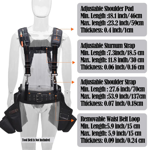 Tool Belt Suspenders For Men Nail Bag And Construction Tool Bag Harness Cross Shoulder Carpentry Suspenders With 2.5 Inch EVA Padding And Neoprene Lining For All Day Comfort, shown with adjustable straps and removable waist belt loops.