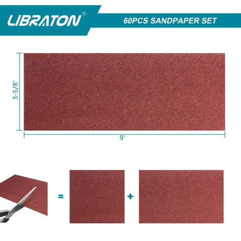 Ultimate Sandpaper Kit For Woodworking 60 Pc Assortment showing 9x3.6 inch sheet size with cutting illustration