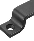 Close-up of matte black carbon steel barn door handle from Black 6.42 Inch Barn Door Handle Set Pack 2 Built Tough for Sliding Doors Cabinets Closets Drawers With Matte Black Finish Carbon Steel Pull Handles and Two Sets of Different Length Screws, showcasing textured finish and mounting hole.