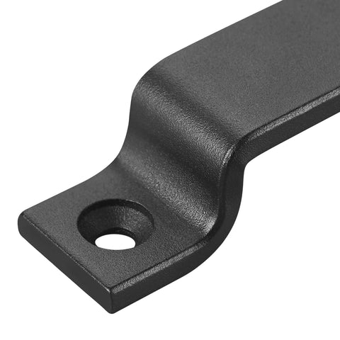 Close-up of black 8 inch barn door handle in matte finish, part of set of 2 heavy duty carbon steel pull handles with screws included
