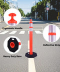 Real McCoy Heavy Duty Traffic Delineator Posts With Weighted Rubber Bases And Bright Reflective Strips For Parking Lot Safety Markers Road Construction Warning Stakes 42 Inch Tall Six Pack highlighted details of ergonomic handle and heavy-duty base.