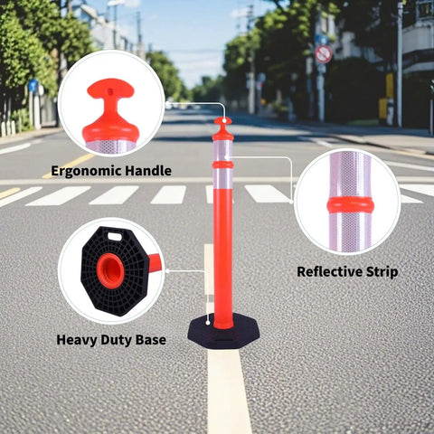 Real McCoy Heavy Duty Traffic Delineator Posts With Weighted Rubber Bases And Bright Reflective Strips For Parking Lot Safety Markers Road Construction Warning Stakes 42 Inch Tall Six Pack highlighted details of ergonomic handle and heavy-duty base.