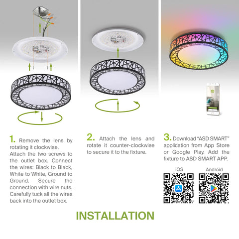 Installation steps for LED Flush Mount Ceiling Light Fixture 16 Inch Black With 28W 1576LM 5 CCT 2700K To 5000K Triac Dimmable