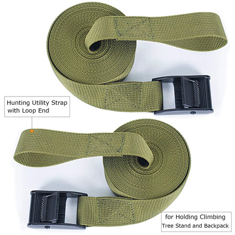 Tree Stand Stabilizer Straps For Hunting, Heavy Duty 1 Inch Wide By 6.5 Feet Buckle Straps With Loop End, Pair, Green Nylon