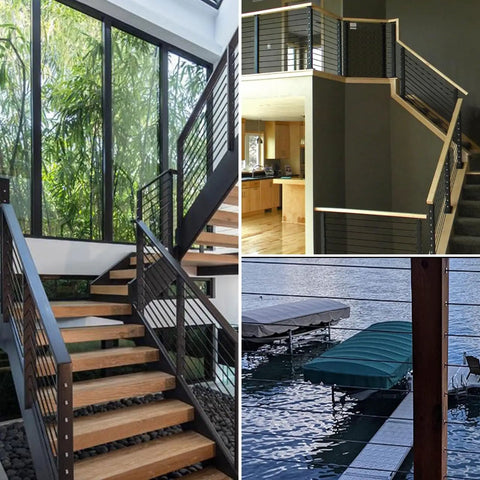 Pro Grade Black Stainless Steel Cable Railing For Outdoor Decks features slick 1/8 inch 7x7 strand wire in modern staircase.