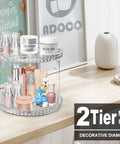 Two Tier Clear Diamond Lazy Susan Bathroom Organizer With Hella Smooth 360 Rotating Base For Vanity Countertop Makeup Skincare Perfume Storage That Is Straight Up Game Changing, showcasing a clear tray with beauty products.