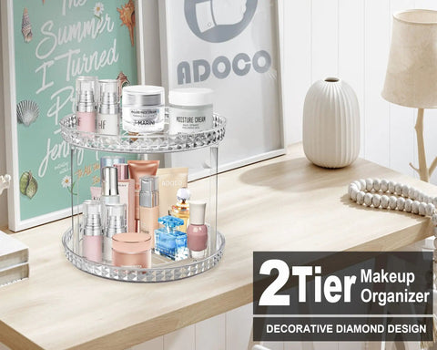 Two Tier Clear Diamond Lazy Susan Bathroom Organizer With Hella Smooth 360 Rotating Base For Vanity Countertop Makeup Skincare Perfume Storage That Is Straight Up Game Changing, showcasing a clear tray with beauty products.