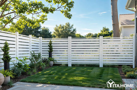 Two 44 Inch By 44 Inch Vinyl Privacy Fence Panels for Outdoor Air Conditioner and Trash Can Enclosure in backyard setting.