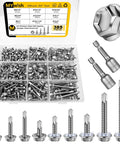 Stainless Steel Self Tapping Screws Kit For Metal Heavy Duty 385-Piece Hex Head Self Drilling Set Sizes 8, 10, 12 With One Half To Two Inch Lengths in case