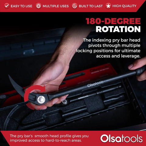 Hand using Beefy Heavy Duty 10 Inch And 20 Inch Indexing Pry Bar Set for Mechanics, showcasing 180-degree rotation feature.