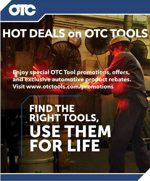 Mechanic working with tools in an automotive workshop with OTC Tools promotion offer in the foreground.