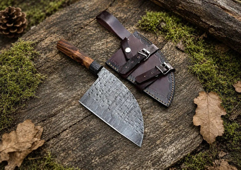 Damascus Steel Chef Knife With 7 Inch Blade And Full Tang A Beast Of A Meat Cutting Knife for BBQ with leather sheath on wood