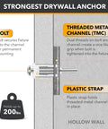 Steel Stud TV Mounting Kit With Heavy Duty Anchors Holds Up To Two Hundred Pounds On Steel Studs Includes Six Elephant Anchors One Quarter Inch And Titanium Coated Pilot Head Drill Bit For Precise Easy Installation featuring bolt, threaded metal channel, and plastic strap on hollow wall.