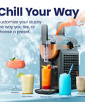 Straight Up Slushie Machine With Zero Ice Required, 48 Oz Frozen Drink Maker with colorful slushies and LED display.