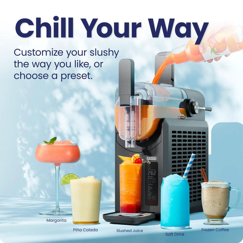 Straight Up Slushie Machine With Zero Ice Required, 48 Oz Frozen Drink Maker with colorful slushies and LED display.
