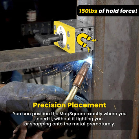 150 Lb Switchable Magnetic Workholding Squares Two Pack For Welding And Fabrication, shown holding metal during welding