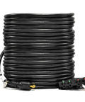 Heavy Duty Generator Distribution Cord 100-Foot 30A To Four 20A Outlets, Outdoor Rated L14-30P Locking Plug, coiled for storage.
