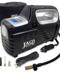 Plug And Play Digital Tire Inflator With Hella Accurate Gauge Fast Auto Shut Off No Sweat Portable Air Compressor For Car Truck Motorcycle And Bike Works Sweet On 110 Volt And 12 Volt Power Ready, showing digital display and various attachment nozzles.