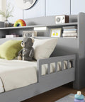 Full Pine Wood Bed With Bookcase Headboard And LED Motion Sensor Light Gray Finish Built In Guardrails Easy Assembly