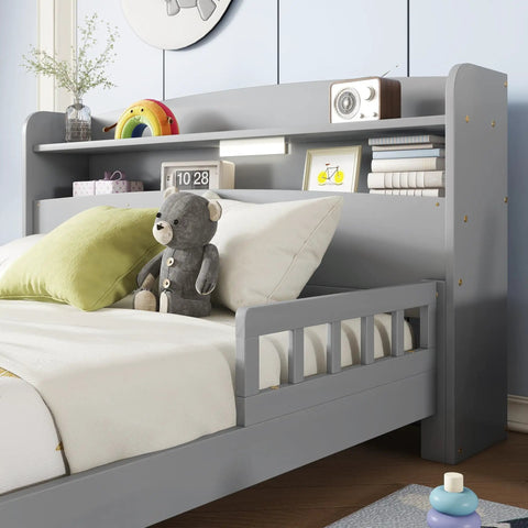 Full Pine Wood Bed With Bookcase Headboard And LED Motion Sensor Light Gray Finish Built In Guardrails Easy Assembly