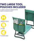 Garden Kneeler And Seat Foldable Bench With Soft EVA Foam Pad For Comfort All In One Outdoor Stool For Gardening Fishing And Camping Two Tool Pouches Included Green, shown with large tool pouches and gardening tools.
