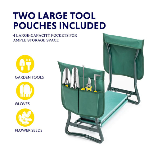 Garden Kneeler And Seat Foldable Bench With Soft EVA Foam Pad For Comfort All In One Outdoor Stool For Gardening Fishing And Camping Two Tool Pouches Included Green, shown with large tool pouches and gardening tools.