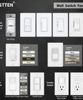 Wall switch family showcasing digital and modern dimmer switches, light switch with various colors, and combo switch options.
