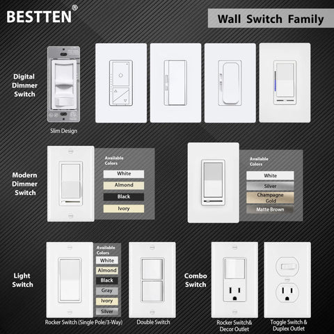 Wall switch family showcasing digital and modern dimmer switches, light switch with various colors, and combo switch options.