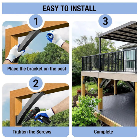 Installation steps for Tough As Nails Heavy Duty Corner Bracket Kit 12 Pack on patio post with tools and frame.