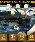 Pro Electric Oil Change Pump Kit For Your Whip Fast Oil Extractor 12 24 Volt All In One Garage Tool Heavy Duty Copper Pump in use under a vehicle's hood.