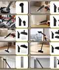 Heavy Duty 1800W Steam Cleaner Packing Five Bars Of Super Hot Vapor At 320F with various attachments for cleaning carpets and car seats.