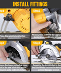 Step-by-step guide for installing fittings on Heavy Hitter 6 Inch Cordless Circular Saw Featuring Brushless Motor.