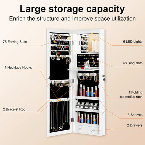 Full-Length Mirror Jewelry Cabinet With LED Interior Lights, Wall Or Door Mounted Armoire, showing interior storage features
