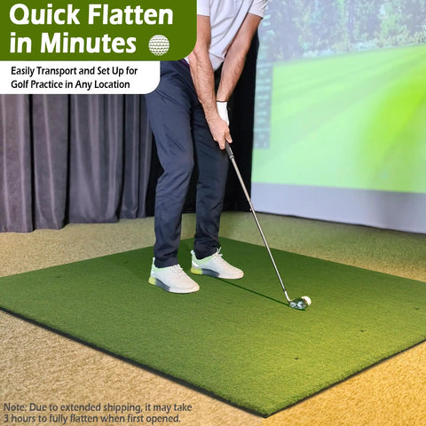 Person practicing golf on 31mm Thick Golf Mat 5ft By 4ft Ultra Durable Hitting Mat For Indoor Outdoor Practice With High Elasticity Artificial Grass Turf For Chipping Swing And Driving Training in indoor setting.