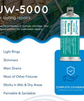 Image of UW-5000 underwater repair compound cartridge against a pool background, used for sealing light rings, skimmers, and drains.